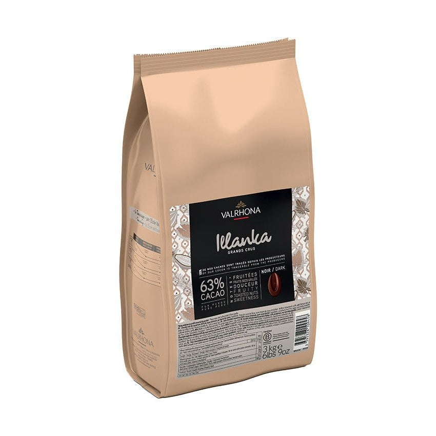 Valrhona Illanka 63% Dark Chocolate Couverture 3kg beige pouch with black label