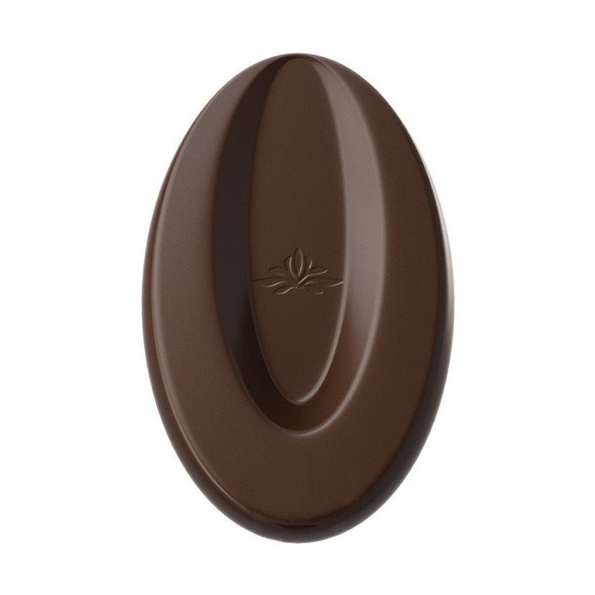 Valrhona Millot 74% dark chocolate disc with embossed floral logo and smooth polished finish
