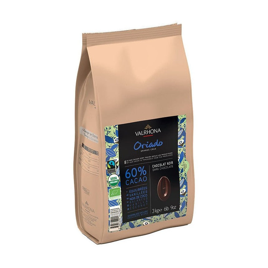 Valrhona Oriado 60% Dark Chocolate Couverture 3kg organic pouch with USDA and Fairtrade logos