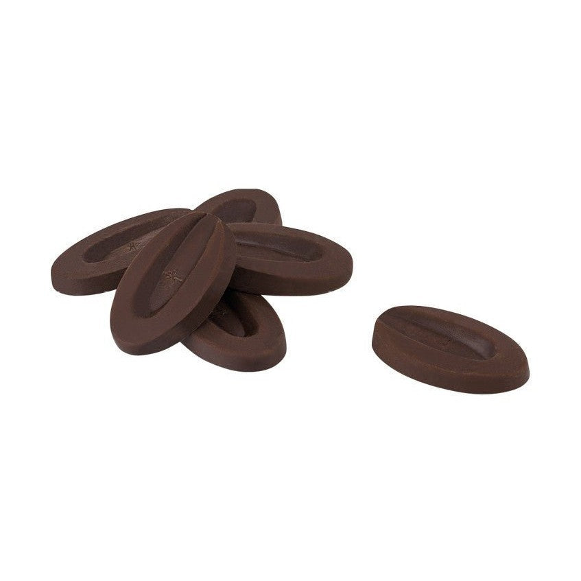 Valrhona Satilia Noire 62% dark chocolate couverture discs with embossed logo