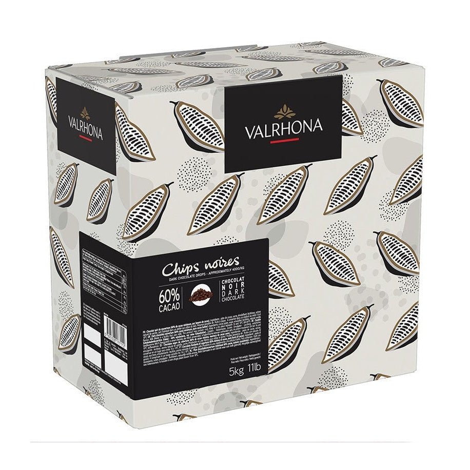 Valrhona Dark Chocolate Drops 60% cocoa in beige retail box with gold leaf logo