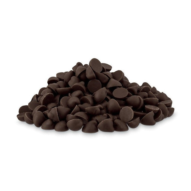 Glossy dark brown Valrhona chocolate drops for baking