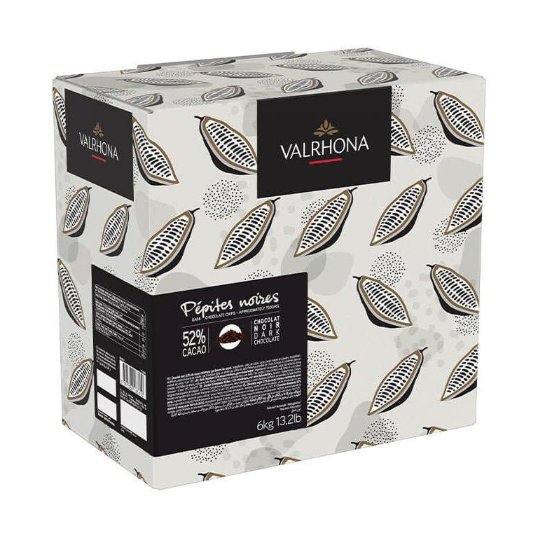 Valrhona Ariaga 52% dark chocolate drops bulk packaging box with cocoa pod design