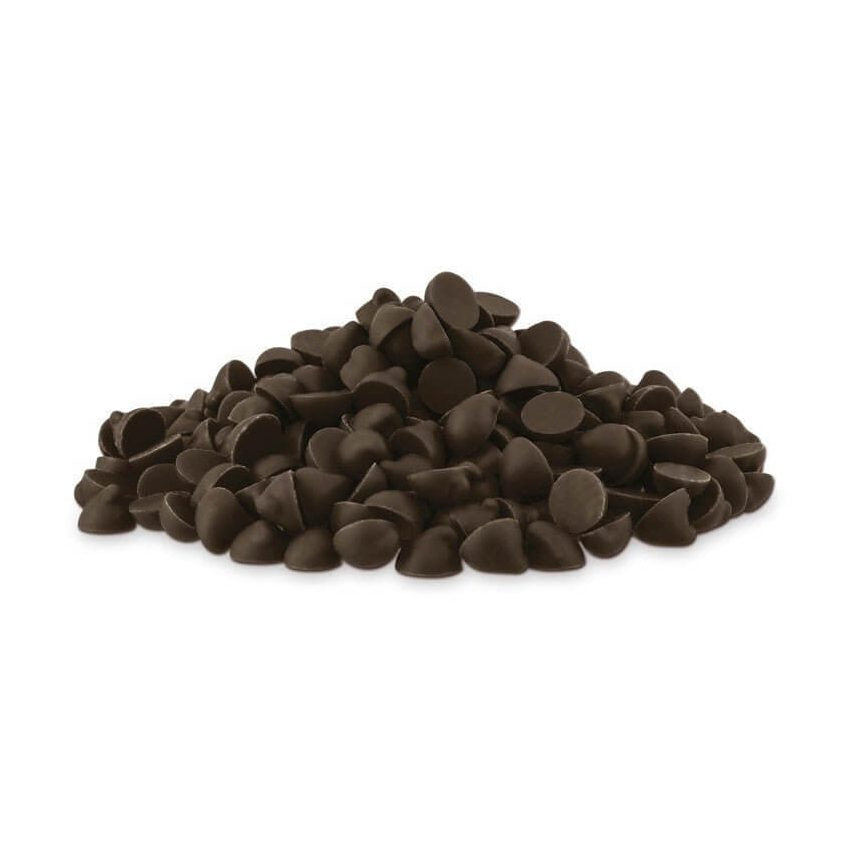 Valrhona Ariaga 52% dark chocolate semi-circular drops pile on white background