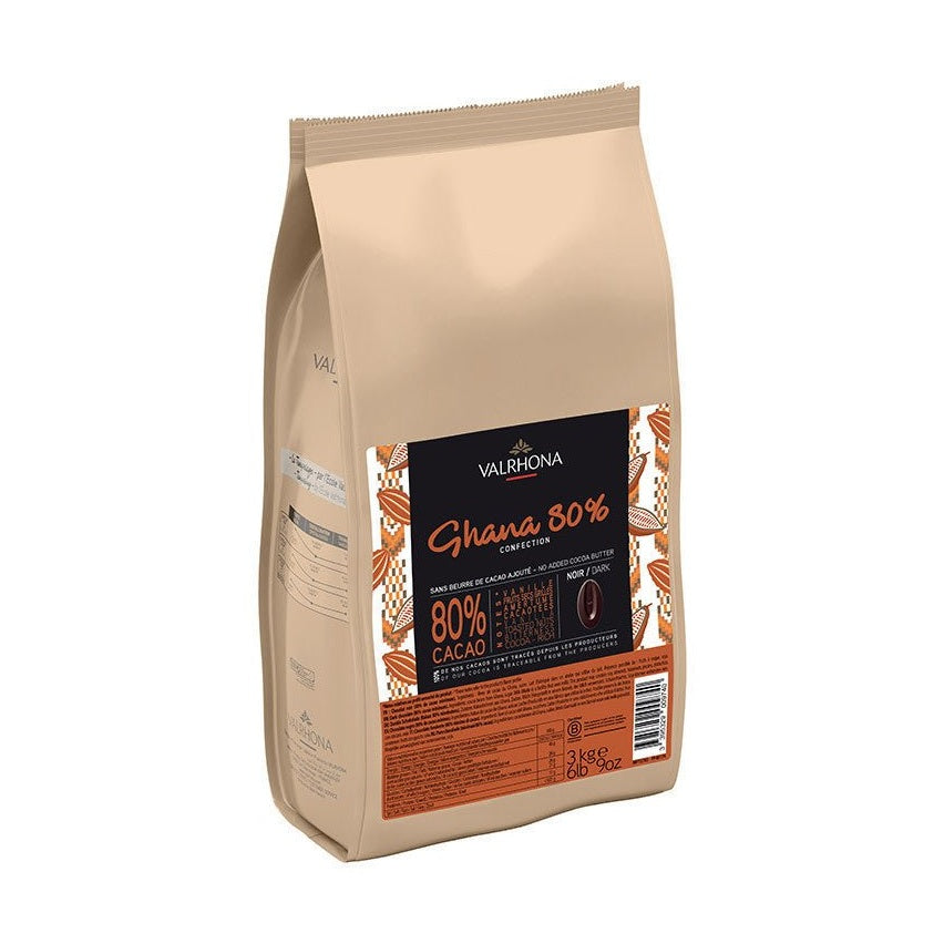 Valrhona Ghana 80% Dark Chocolate Couverture 3kg bag with matte kraft packaging and cocoa bean motifs