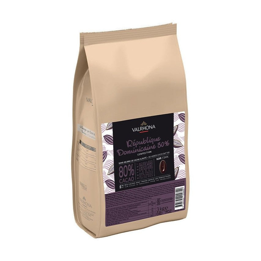 Valrhona République Dominicaine 80% dark chocolate couverture bag with matte kraft paper packaging and bold brand label