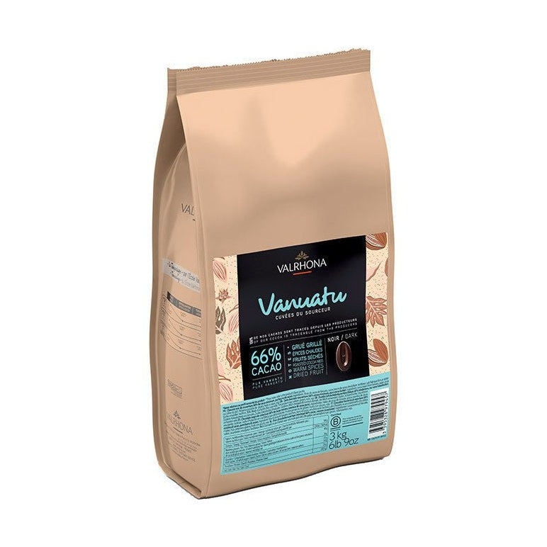 Valrhona Vanuatu Cuvée 66% dark chocolate 3kg stand-up pouch with botanical cocoa pod label design