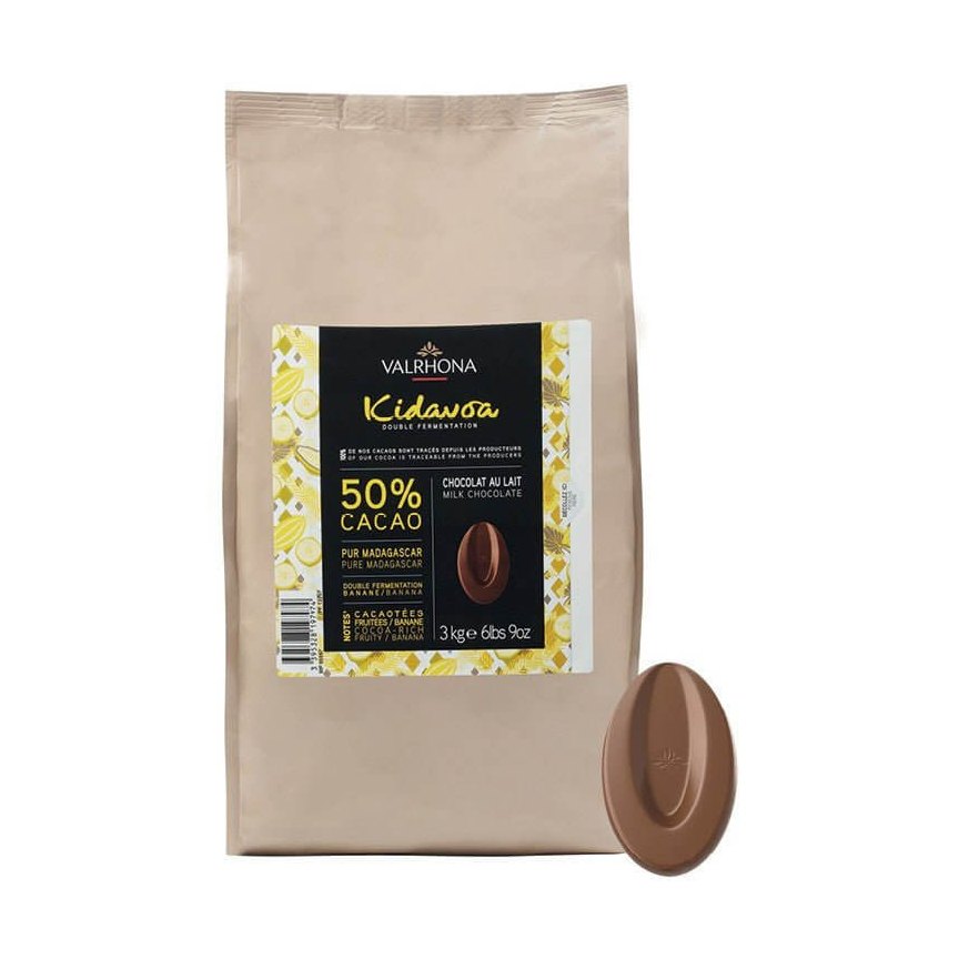 Valrhona Kidavoa double fermented banana milk chocolate couverture in beige pouch with 50% cacao label