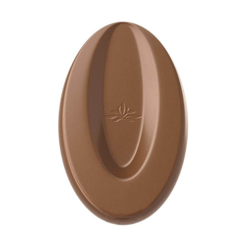 Close-up of Valrhona oval milk chocolate disc with embossed leaf logo and central ridge