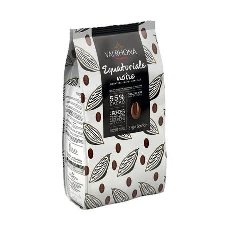Valrhona Equatorial Noire 55% dark chocolate drops bag with cocoa pod pattern and gold logo