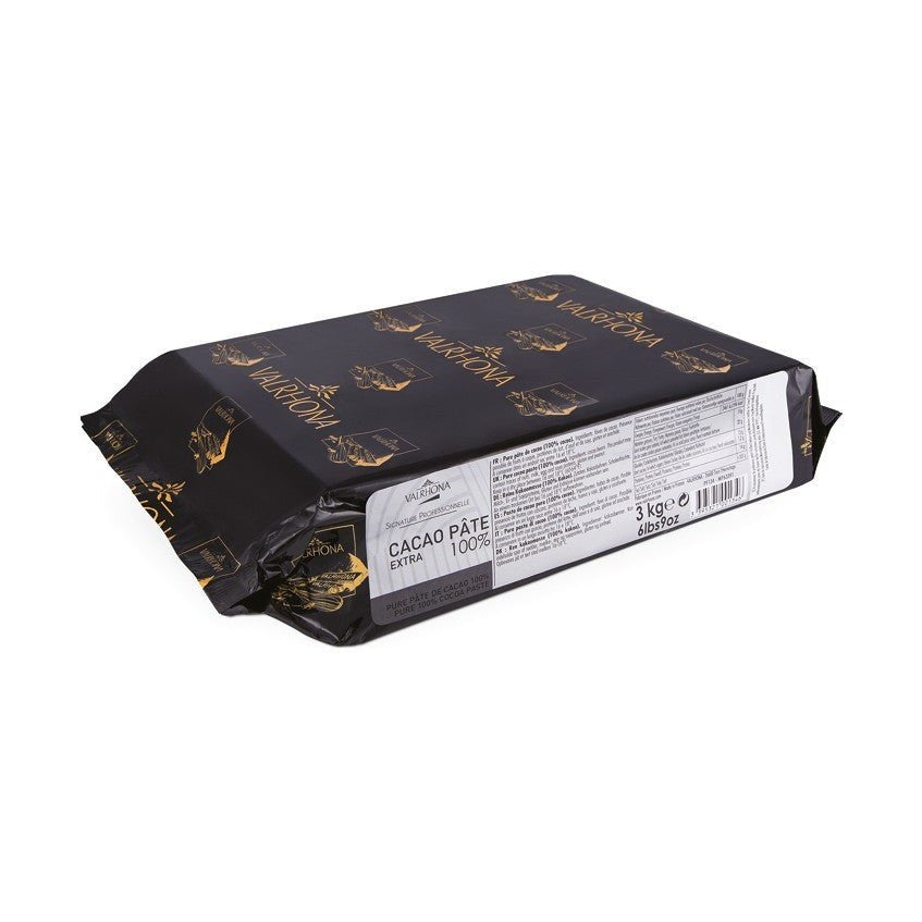 Valrhona Extra Cocoa Paste Block 100% in matte black foil with gold logos and white label