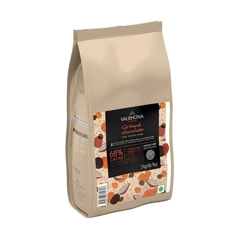 Valrhona Ground Dark Chocolate Ghana 68% in beige stand-up pouch with cocoa pod design