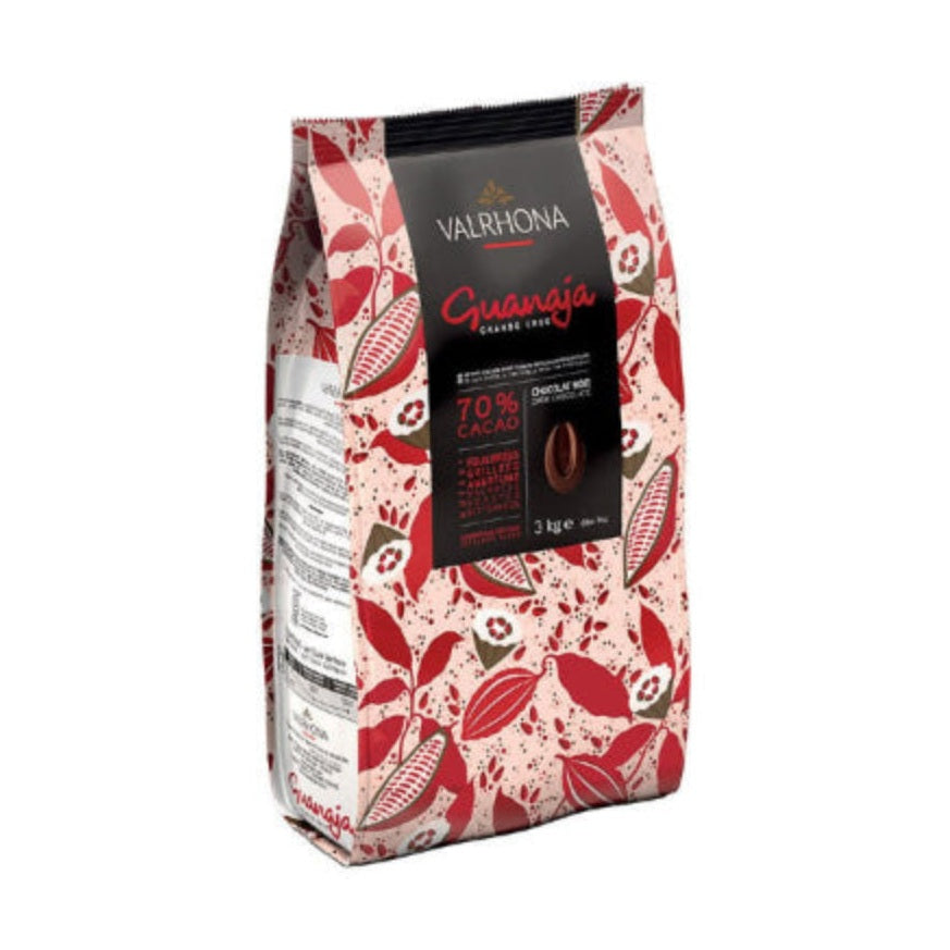 Valrhona Guanaja 70% dark chocolate bag with pink botanical cocoa pod pattern and black label