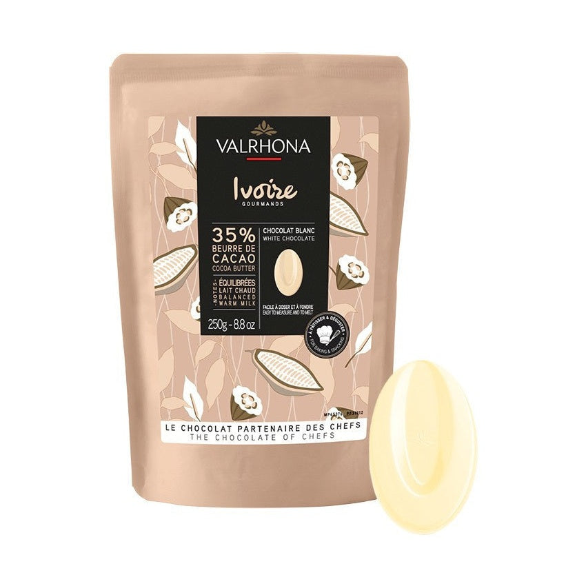 Valrhona Ivoire 35% white chocolate pouch with cocoa pod design and single pale cream disc