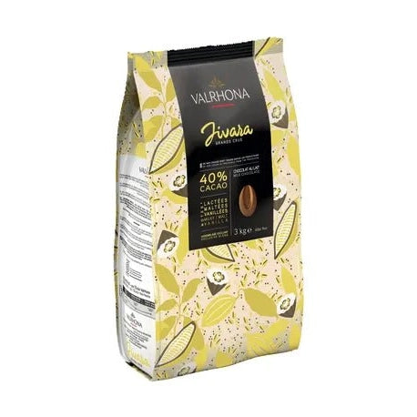 3kg Valrhona Jivara 40% milk chocolate pouch full height view highlighting gusseted structure and botanical pattern