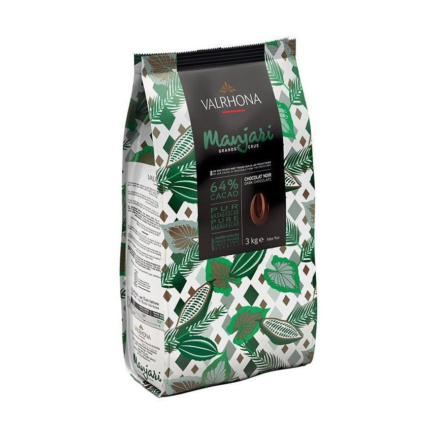 Valrhona Manjari 64% dark couverture chocolate 3kg pouch with green botanical packaging