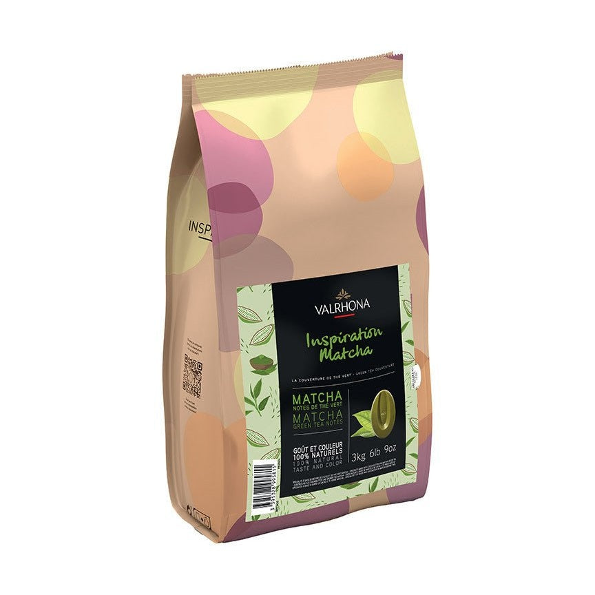 Valrhona Matcha Inspiration Couverture 3kg stand-up pouch with pastel polka dots and green tea notes