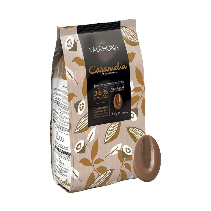Valrhona Caramelia 36% cacao milk chocolate bag with botanical pattern and glossy caramel-infused disc