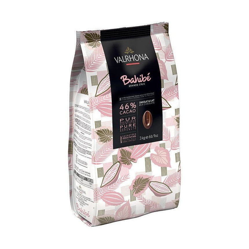 Valrhona Bahíbe 46% milk chocolate couverture bag with botanical pattern and cacao bean detail