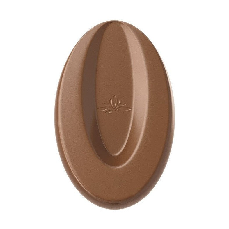 Valrhona Satilia Milk Chocolate Feve disc with embossed leaf logo