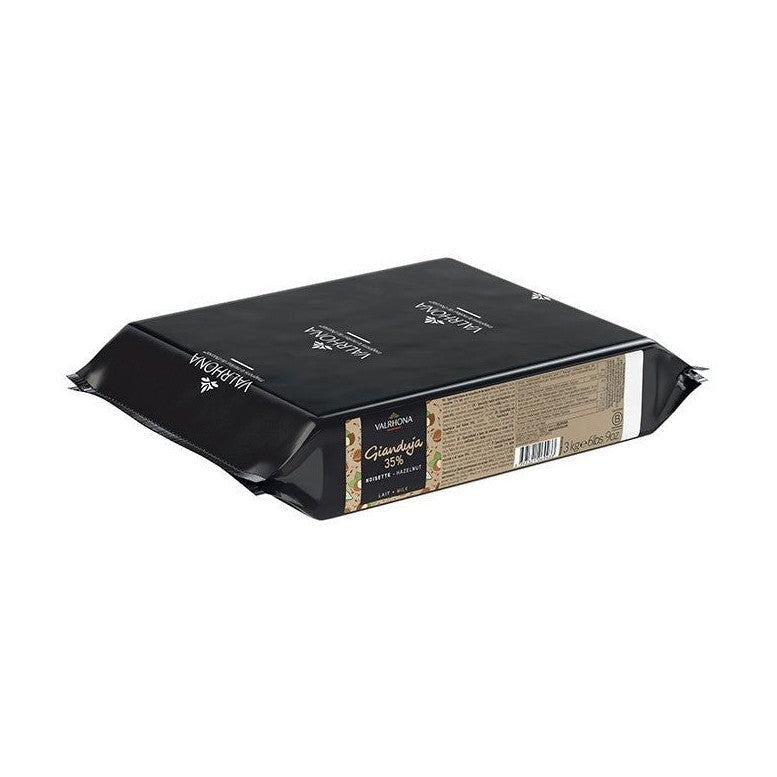 Valrhona Milk Gianduja Hazelnut 35% chocolate block in black foil with beige label