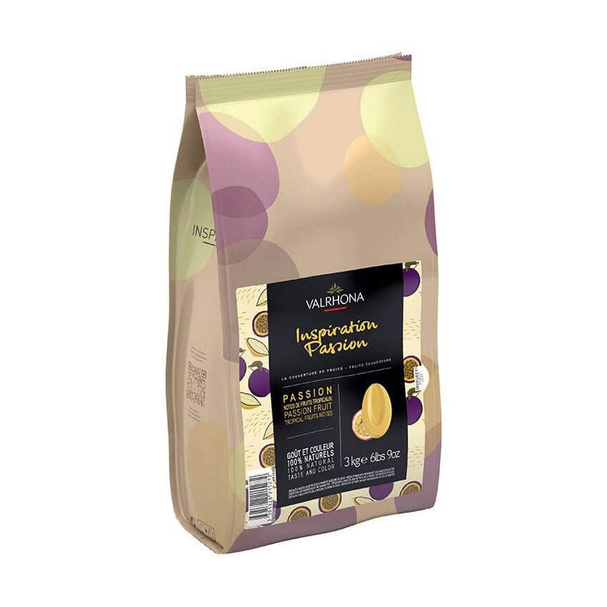 Valrhona Passionfruit Inspiration Couverture 3kg stand-up pouch with tropical fruit notes and natural packaging