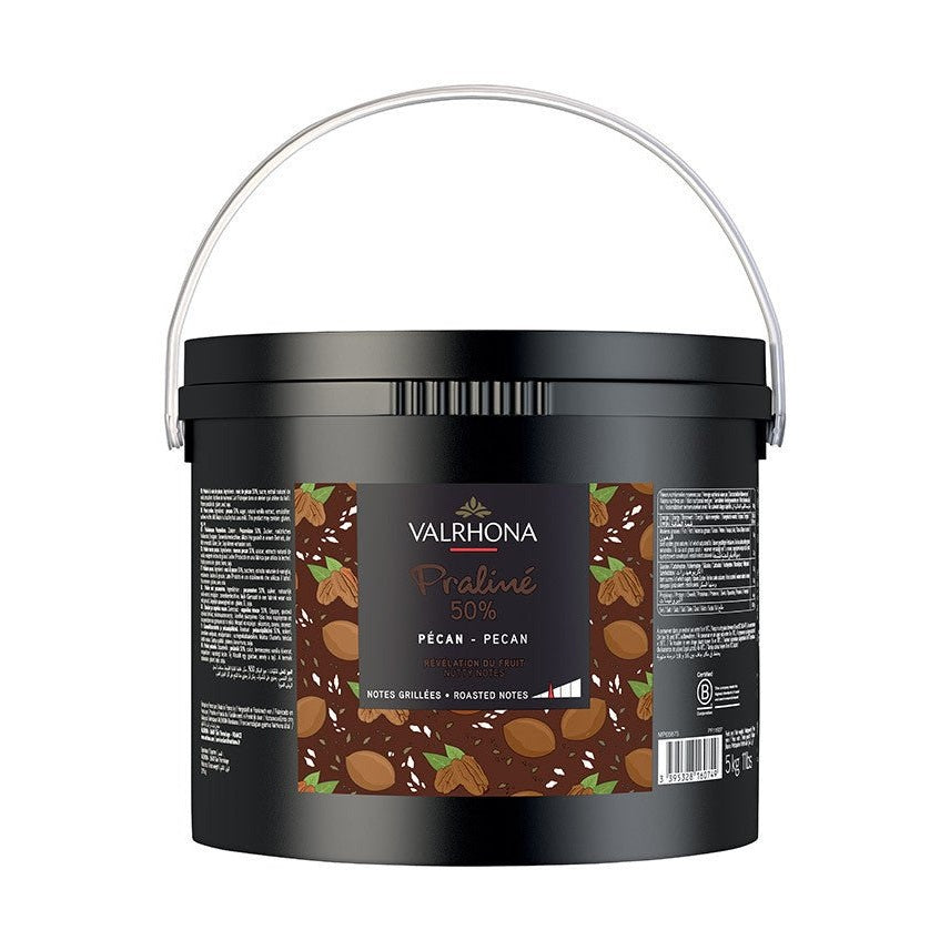 Valrhona Pecan Praline 50% in black 5kg bucket with roasted nut label