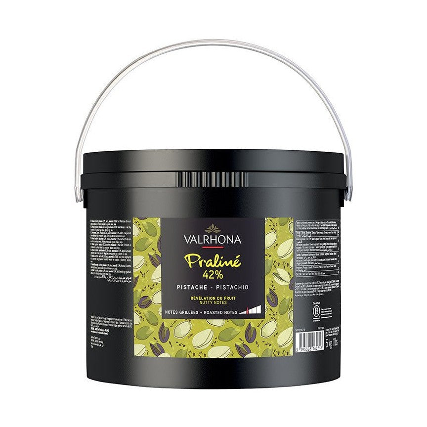 Valrhona Pistachio Praline 42% in black bucket with green pistachio label