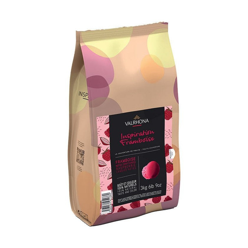 Valrhona Raspberry Inspiration Couverture 3kg bag with matte packaging and magenta raspberry label