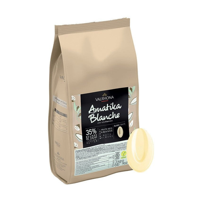 Valrhona Amatika Blanche 35% vegan white chocolate couverture in beige resealable pouch with almond milk and organic certification