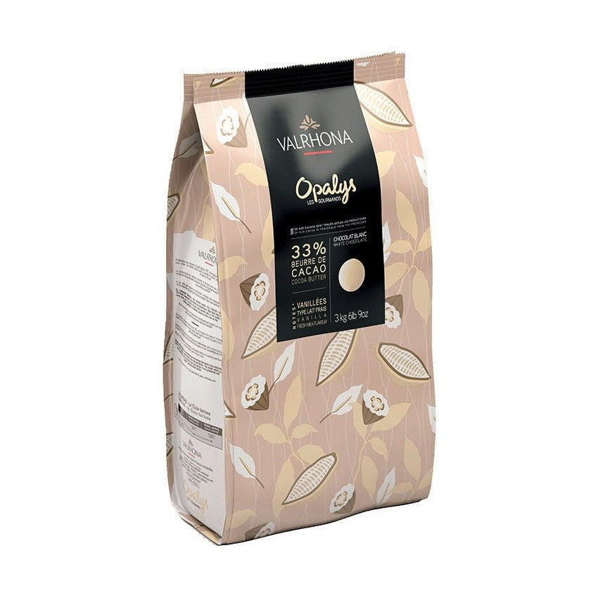 Valrhona Opalys white chocolate couverture bag with botanical cocoa pod pattern and 33% cocoa butter label