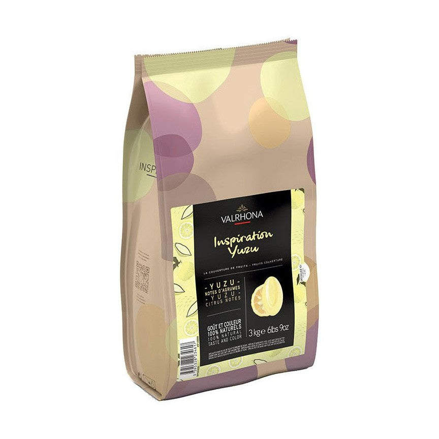Valrhona 3kg bag of Yuzu Inspiration couverture chocolate featuring citrus notes label and yuzu fruit illustration