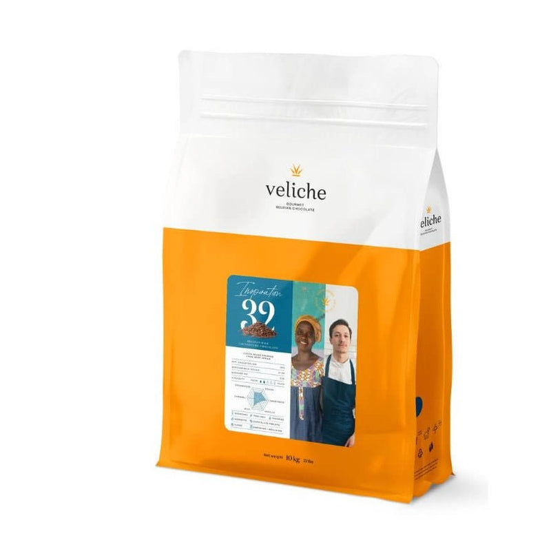 Veliche 10 kg bulk bag of Belgian Milk Chocolate Dots Inspiration 32% showing tapered orange and white packaging