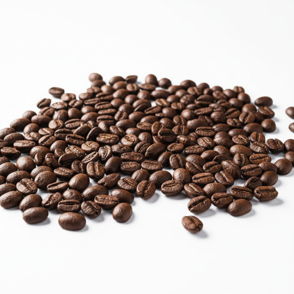 Pile of coffee beans on a white background