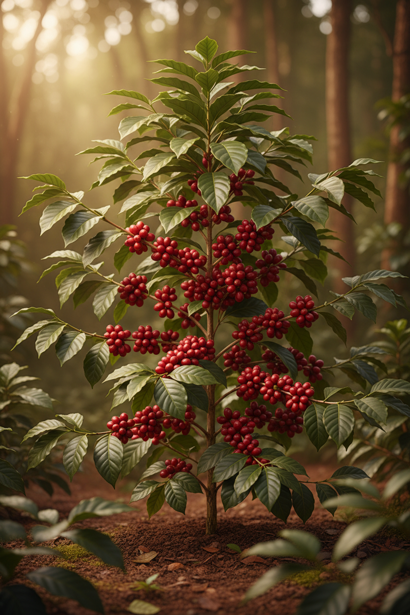 Coffee tree with red berries in a forest setting