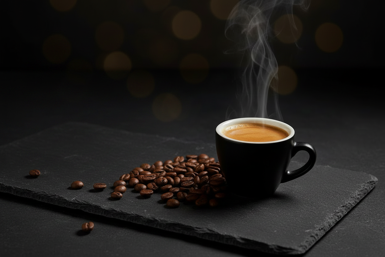 Steaming coffee cup with coffee beans on a dark surface