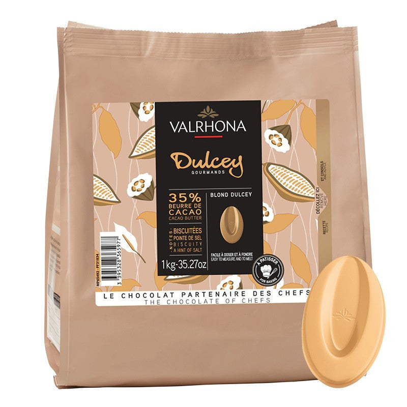 Valrhona Dulcey chocolate packaging with a piece of chocolate on a white background
